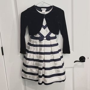 Girls navy white silver dress with navy velvety shrug size 8